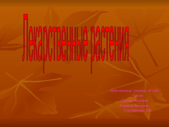 Подготовила: ученица 10 «М» класса Гурчева АнгелинаУчитель биологии: Серебрякова Е.В.Лекарственные растения