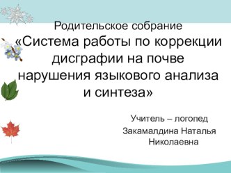 Система работы по коррекции дисграфии на почве языкового анализа и синтеза консультация