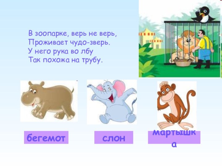 В зоопарке, верь не верь,Проживает чудо-зверь.У него рука во лбуТак похожа на трубу.бегемотслонмартышка