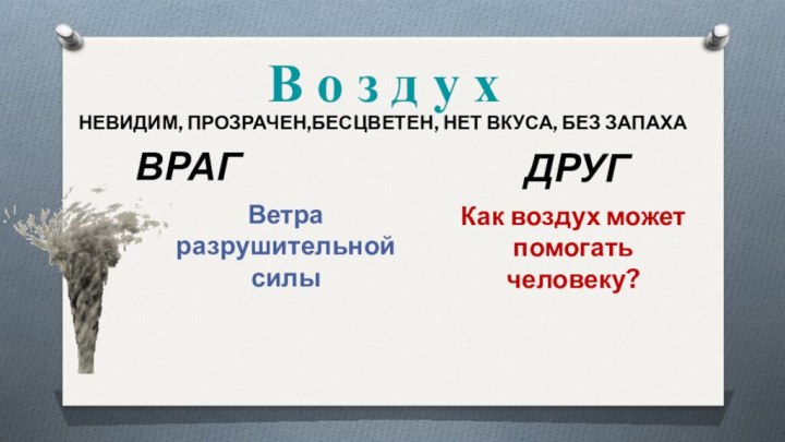 В о з д у хНЕВИДИМ, ПРОЗРАЧЕН,БЕСЦВЕТЕН, НЕТ ВКУСА, БЕЗ ЗАПАХАВРАГДРУГВетра разрушительной