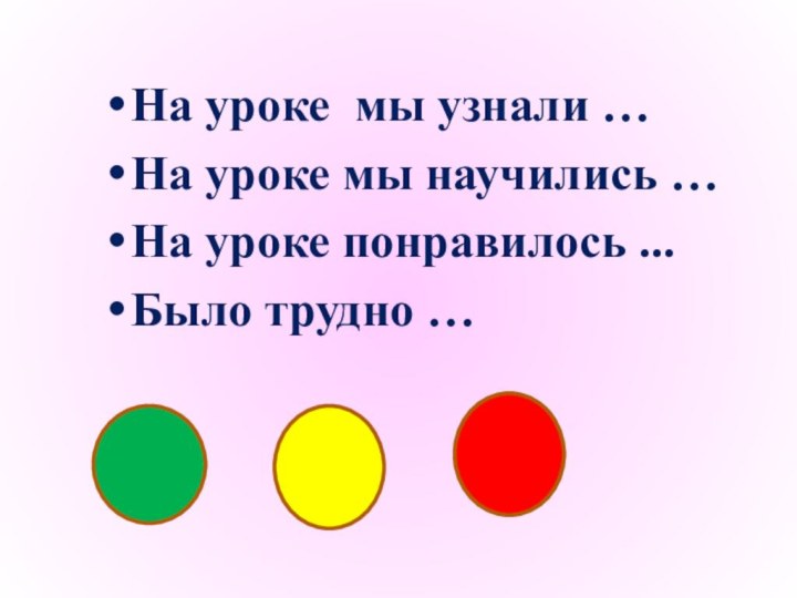 На уроке мы узнали …На уроке мы научились …На уроке понравилось ...Было трудно …