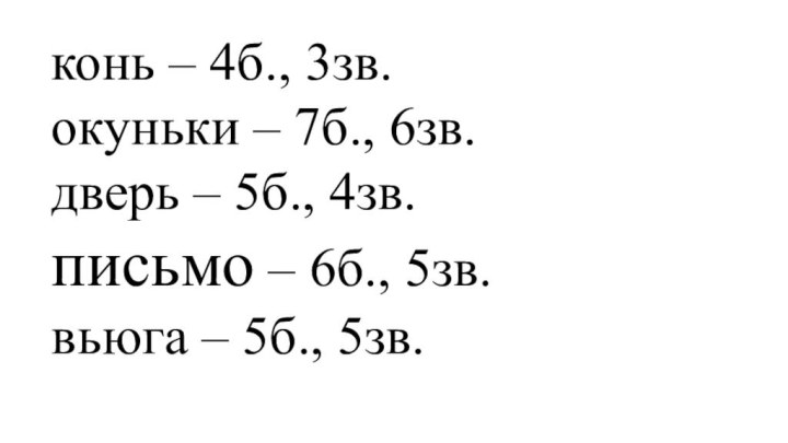 конь – 4б., 3зв.окуньки – 7б., 6зв.дверь – 5б., 4зв.письмо – 6б., 5зв.вьюга – 5б., 5зв.