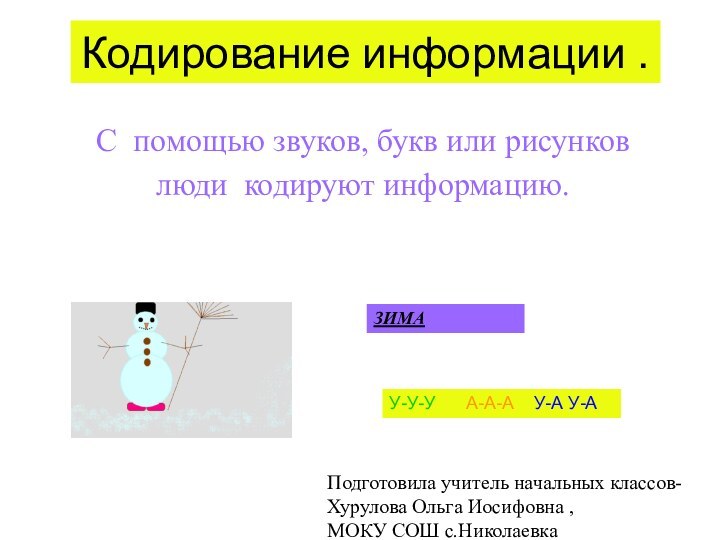 Кодирование информации .С помощью звуков, букв или рисунковлюди кодируют информацию.ЗИМАУ-У-У