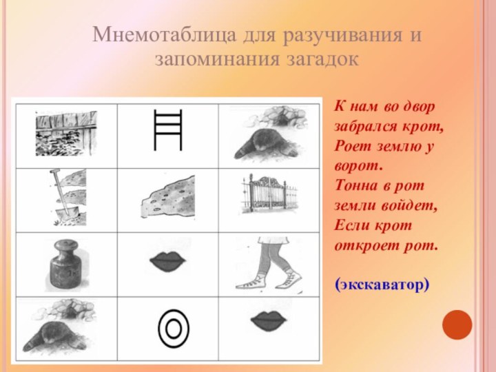 Мнемотаблица для разучивания и запоминания загадокК нам во двор забрался крот,Роет землю