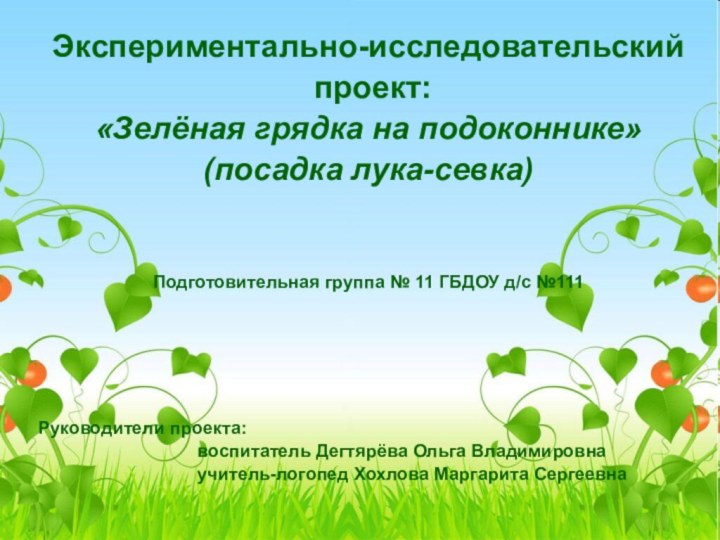 Экспериментально-исследовательский проект:«Зелёная грядка на подоконнике»(посадка лука-севка)Подготовительная группа № 11 ГБДОУ д/с №111Руководители