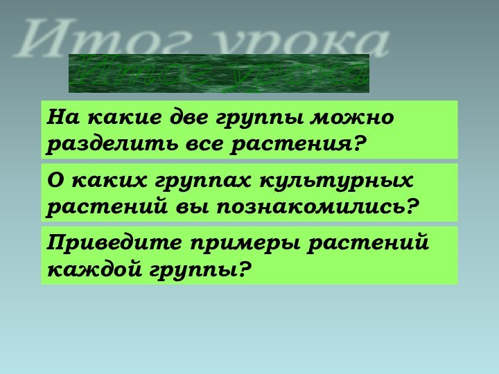 Итог урока О каких группах культурных растений вы познакомились?На какие две группы