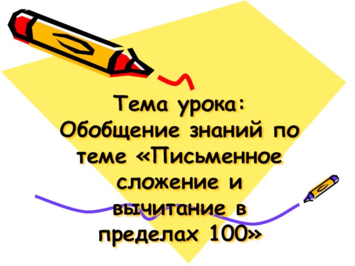 Тема урока:  Обобщение знаний по теме «Письменное сложение и вычитание в пределах 100»