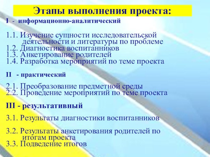 Этапы выполнения проекта:I - информационно-аналитический1.1. Изучение сущности исследовательской