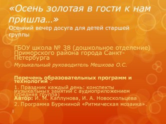 Вечер досуга для детей старшей группы Осенний шумный бал план-конспект занятия по музыке (старшая группа)