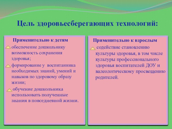 Цель здоровьесберегающих технологий: Применительно к детямобеспечение дошкольнику возможность сохранения здоровья; формирование у