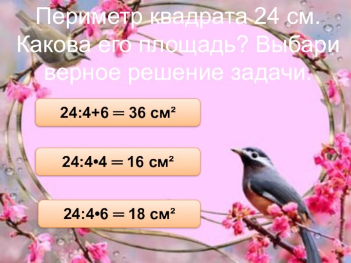 24:4•6 ═ 18 см²24:4+6 ═ 36 см²24:4•4 ═ 16 см²Периметр квадрата 24