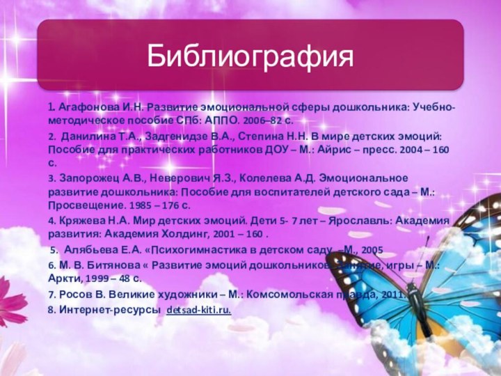 1. Агафонова И.Н. Развитие эмоциональной сферы дошкольника: Учебно-методическое пособие СПб: АППО. 2006–82 с.2. Данилина Т.А.,