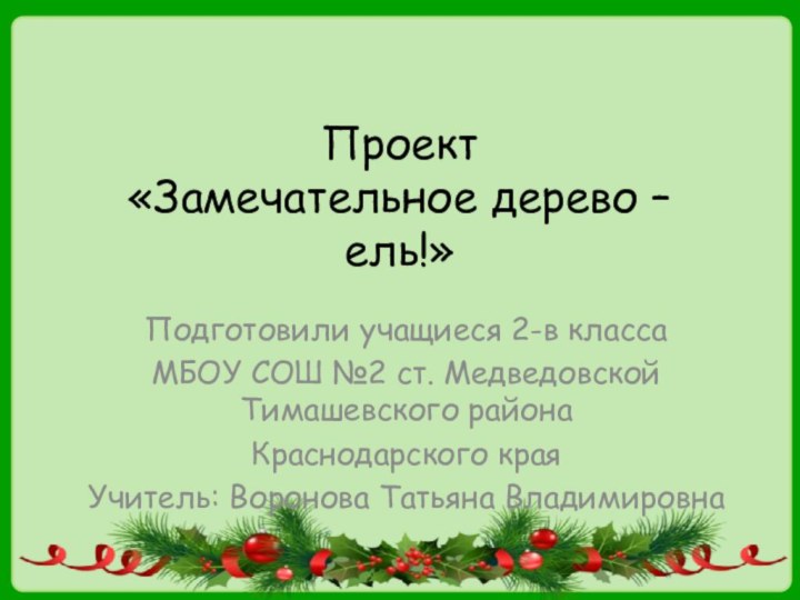 Проект  «Замечательное дерево – ель!»Подготовили учащиеся 2-в класса МБОУ СОШ №2