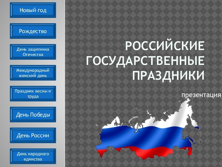 Российские государственные праздникипрезентацияНовый годРождествоДень защитника ОтечестваМеждународный женский деньПраздник весны и трудаДень ПобедыДень РоссииДень народного единства