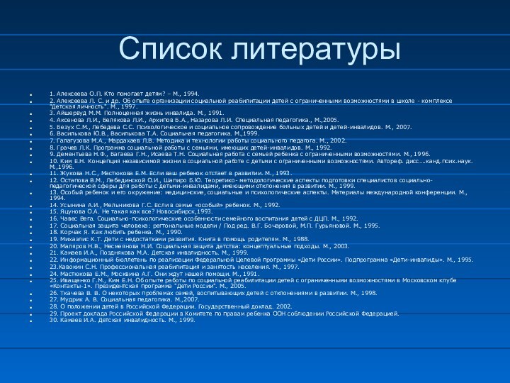 Список литературы1. Алексеева О.П. Кто помогает детям? – М., 1994.2. Алексеева Л.