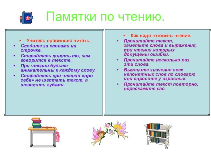 Памятки по чтению.Учитесь правильно читать.Следите за словами на строчке.Старайтесь понять то, чем