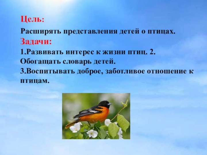 Цель:  Расширять представления детей о птицах. Задачи: 1.Развивать интерес
