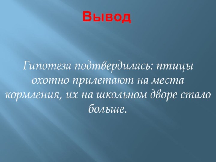 Вывод  Гипотеза подтвердилась: птицы охотно прилетают на места кормления, их на школьном дворе стало больше.