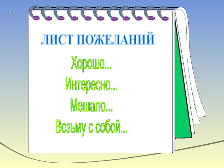 ЛИСТ ПОЖЕЛАНИЙХорошо...Интересно...Мешало...Возьму с собой...