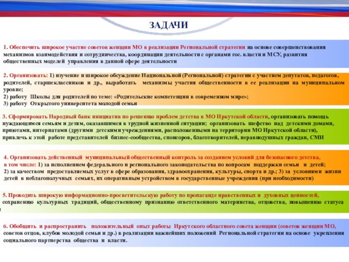 ЗАДАЧИ1. Обеспечить широкое участие советов женщин МО в реализации Региональной стратегии на