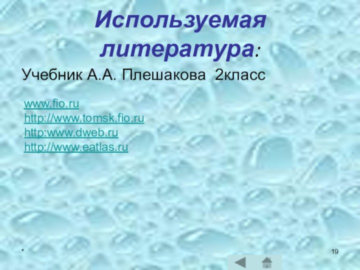 *Используемая литература:Учебник А.А. Плешакова 2классwww.fio.ruhttp://www.tomsk.fio.ruhttp:www.dweb.ruhttp://www.eatlas.ru