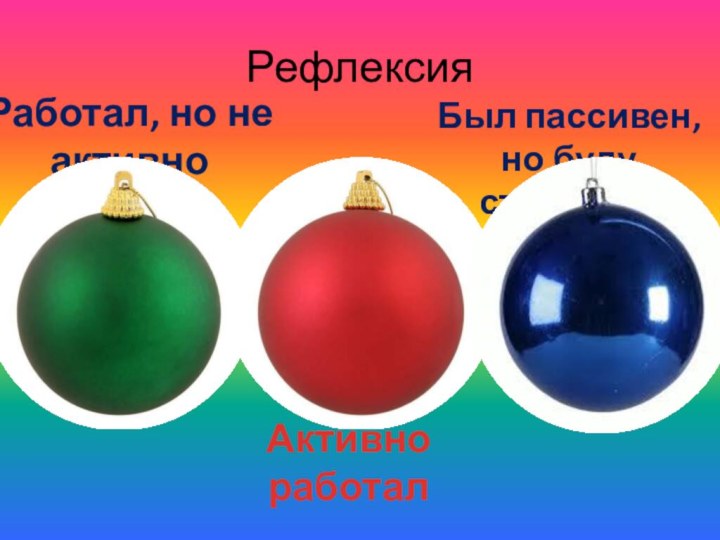 Рефлексия Активно работалРаботал, но не активноБыл пассивен, но буду стараться