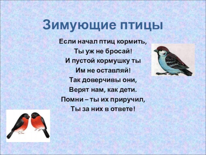 Зимующие птицыЕсли начал птиц кормить,Ты уж не бросай!И пустой кормушку тыИм не