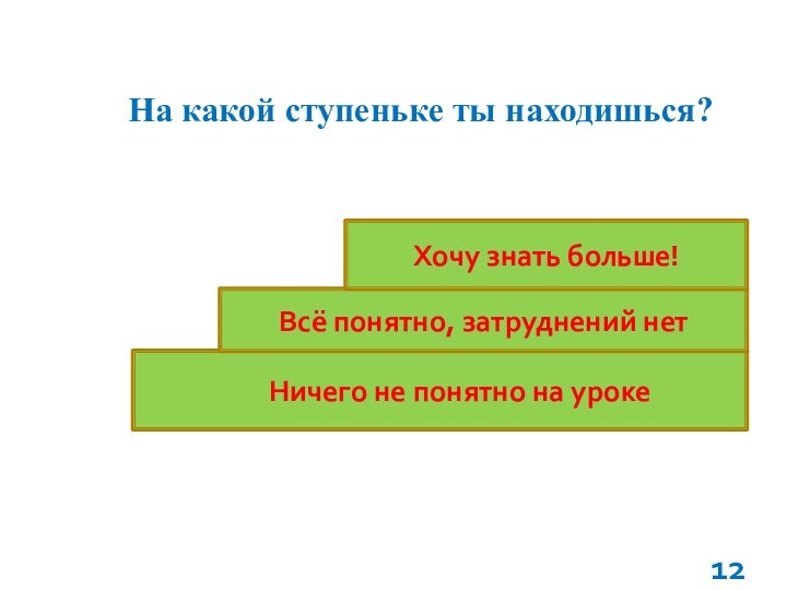 Ничего не понятно на урокеВсё понятно, затруднений нетХочу знать больше!На какой ступеньке ты находишься?12