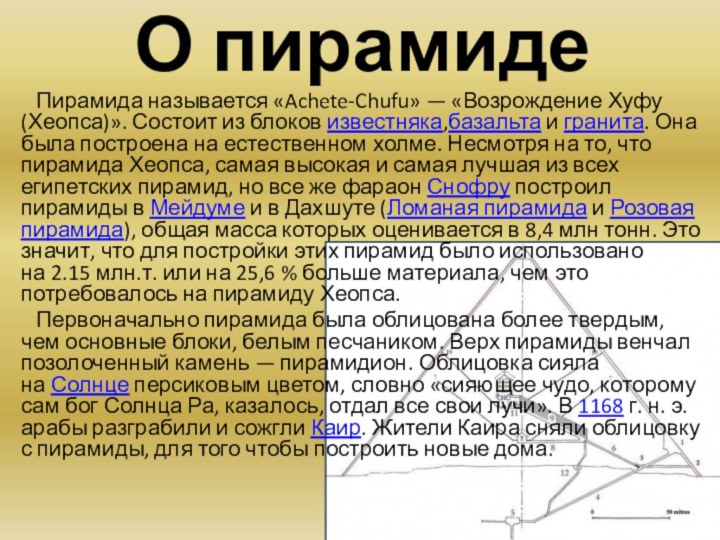 О пирамиде  Пирамида называется «Achete-Chufu» — «Возрождение Хуфу (Хеопса)». Состоит из