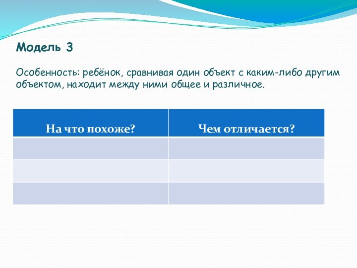 Модель 3 Особенность: ребёнок, сравнивая один объект с каким-либо другим объектом, находит