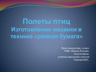 Урок технологии. Полеты птиц.Изготовление мозаики в технике рваная бумага презентация к уроку по технологии (1 класс)