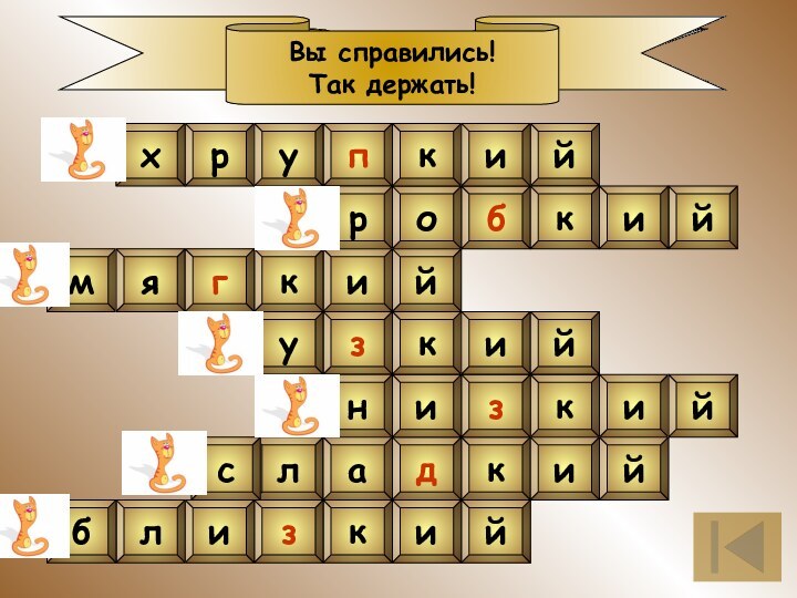 кдлсрпризнайикзилбикзийикукиййбомягййикукихйПодбери антонимПрочныйСмелыйТвёрдыйШирокийВысокийГорькийДалёкийВы справились!Так держать!