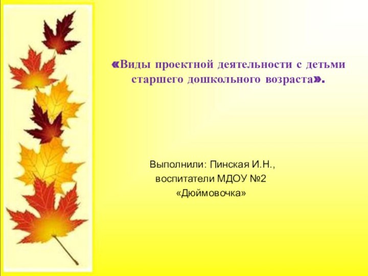 «Виды проектной деятельности с детьми старшего дошкольного возраста».  Выполнили: Пинская И.Н.,воспитатели МДОУ №2  «Дюймовочка»