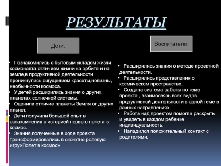 РЕЗУЛЬТАТЫДети:Воспитатели:  Познакомились с бытовым укладом жизни космонавта,отличием жизни на орбите и