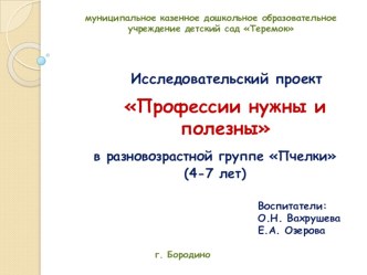 Презентация исследовательского проекта в разновозрастной группе Профессии нужны и полезны. проект по окружающему миру (подготовительная группа)