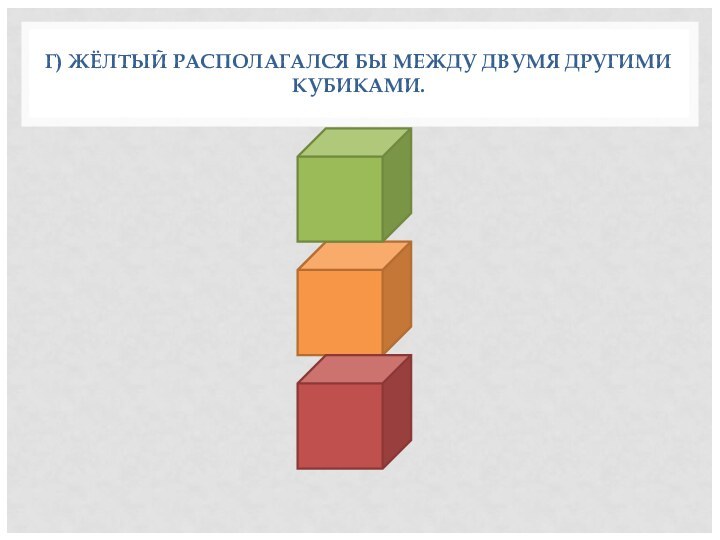 Г) ЖЁЛТЫЙ РАСПОЛАГАЛСЯ БЫ МЕЖДУ ДВУМЯ ДРУГИМИ КУБИКА­МИ.