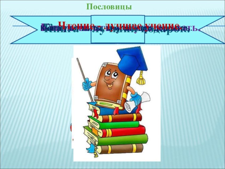 Книга мала, а ума придала.Книги читать – скуки не знать.Книга – лучший