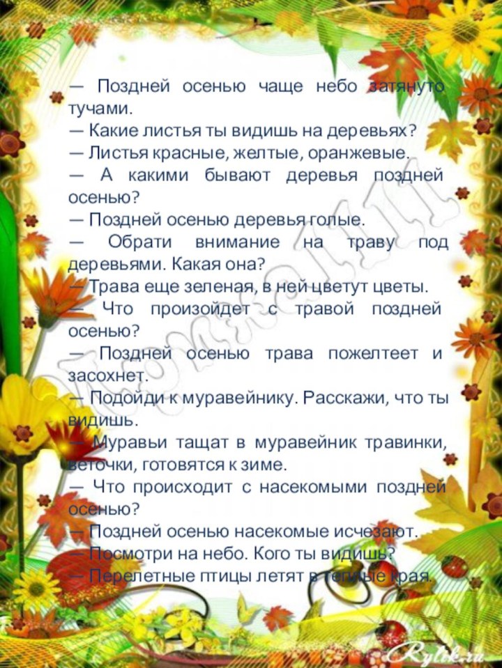 — Поздней осенью чаще небо затянуто тучами.— Какие листья ты видишь на