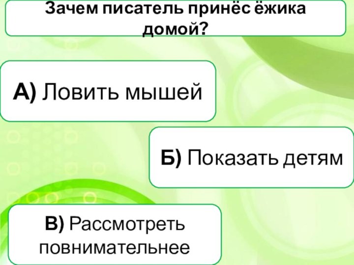 Зачем писатель принёс ёжика домой?А) Ловить мышейВ) Рассмотреть повнимательнееБ) Показать детям