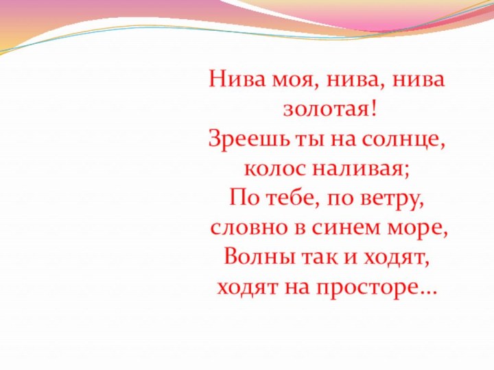 Нива моя, нива, нива золотая!Зреешь ты на солнце, колос наливая;По тебе, по