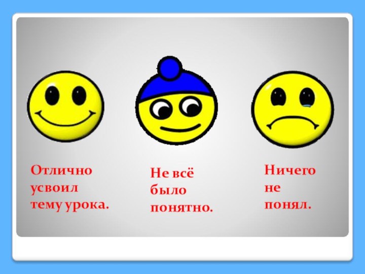 Отлично усвоил  тему урока.Не всё было  понятно.Ничего не  понял.