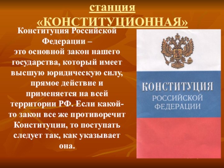 станция «КОНСТИТУЦИОННАЯ» Конституция Российской Федерации – это основной закон нашего государства, который