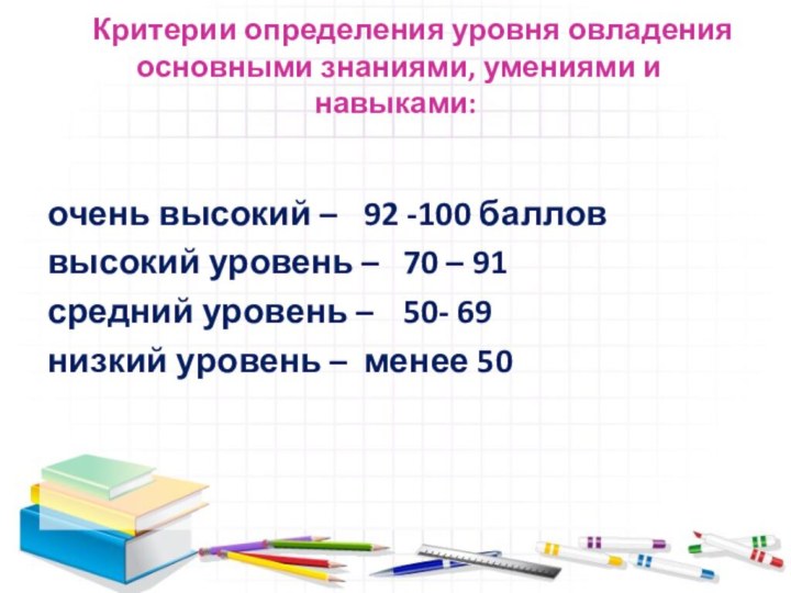 Критерии определения уровня овладения  основными знаниями, умениями