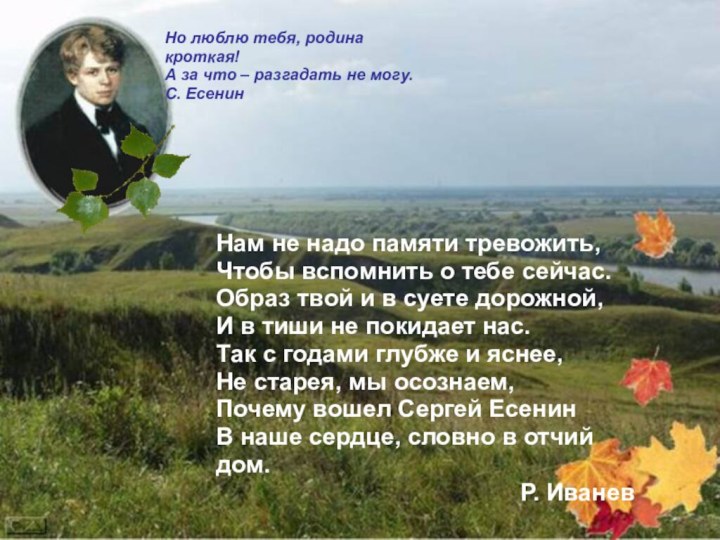 Но люблю тебя, родина кроткая! А за что – разгадать не могу.С.