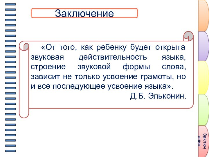 Пункт плана 5Заключение«От того, как ребенку будет открыта звуковая действительность языка, строение