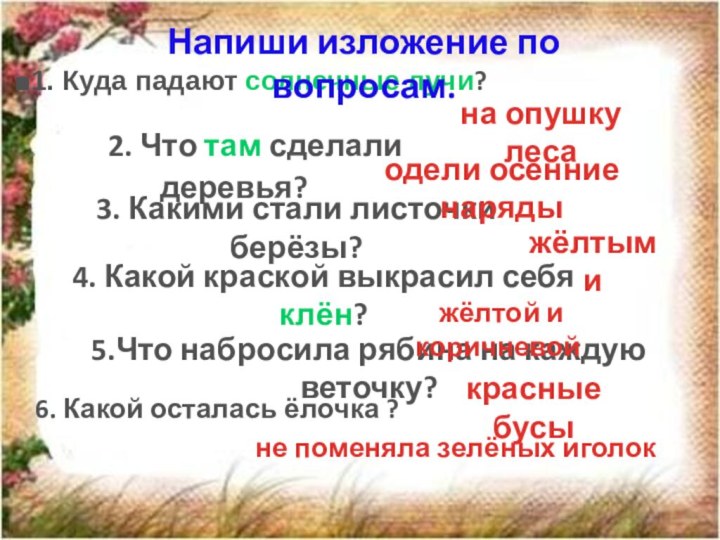 2. Что там сделали деревья? 1. Куда падают солнечные лучи?