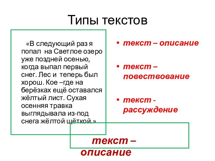 Типы текстов    «В следующий раз я попал на Светлое