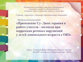 Профессиональная проба: Применение Су- Джок терапии в работе учителя - логопеда при коррекции речевых нарушений у детей дошкольного возраста с ОВЗ презентация по логопедии