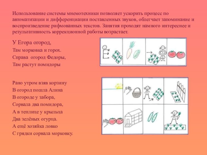 Использование системы мнемотехники позволяет ускорить процесс по автоматизации и дифференциации поставленных звуков,