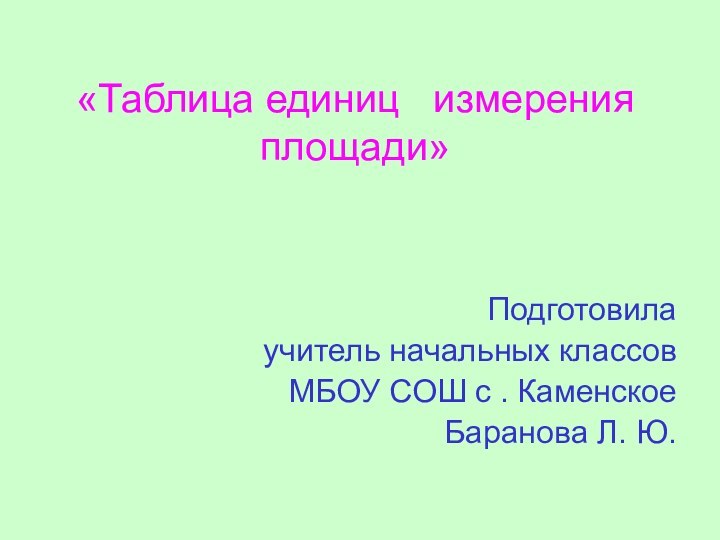 «Таблица единиц  измерения площади» Подготовила учитель начальных классов МБОУ СОШ с . КаменскоеБаранова Л. Ю.